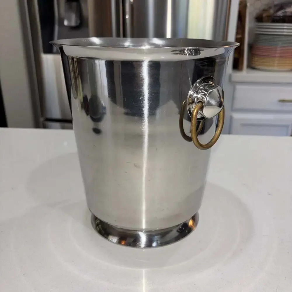 Vintage Style Stainless Steel Wine Champagne Ice Bucket with Brass Ring Handles